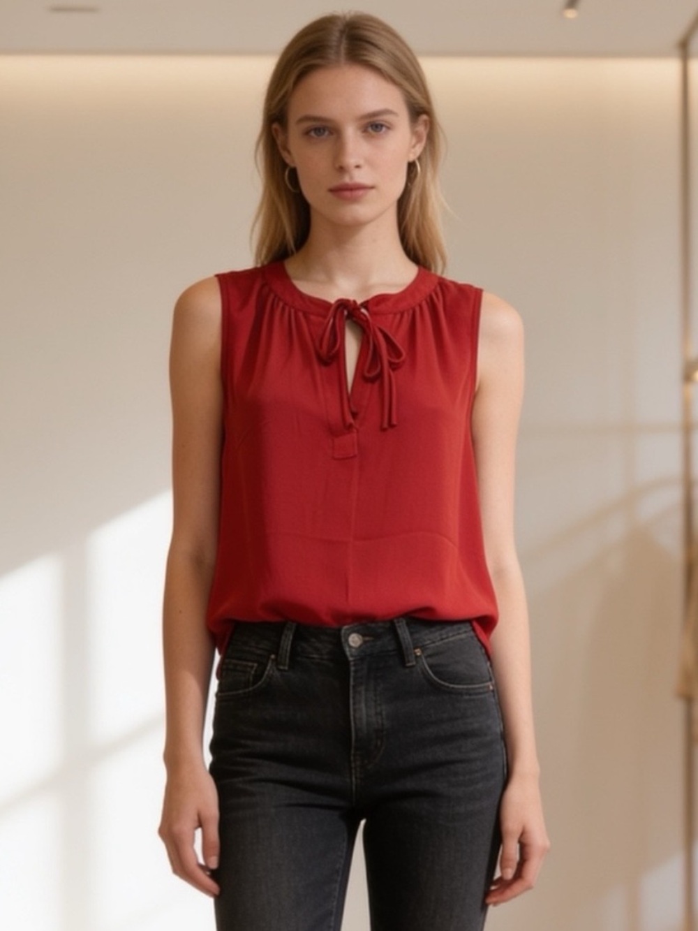 LOFT Red Tie Neck Sleeveless Blouse Keyhole Shell Size S